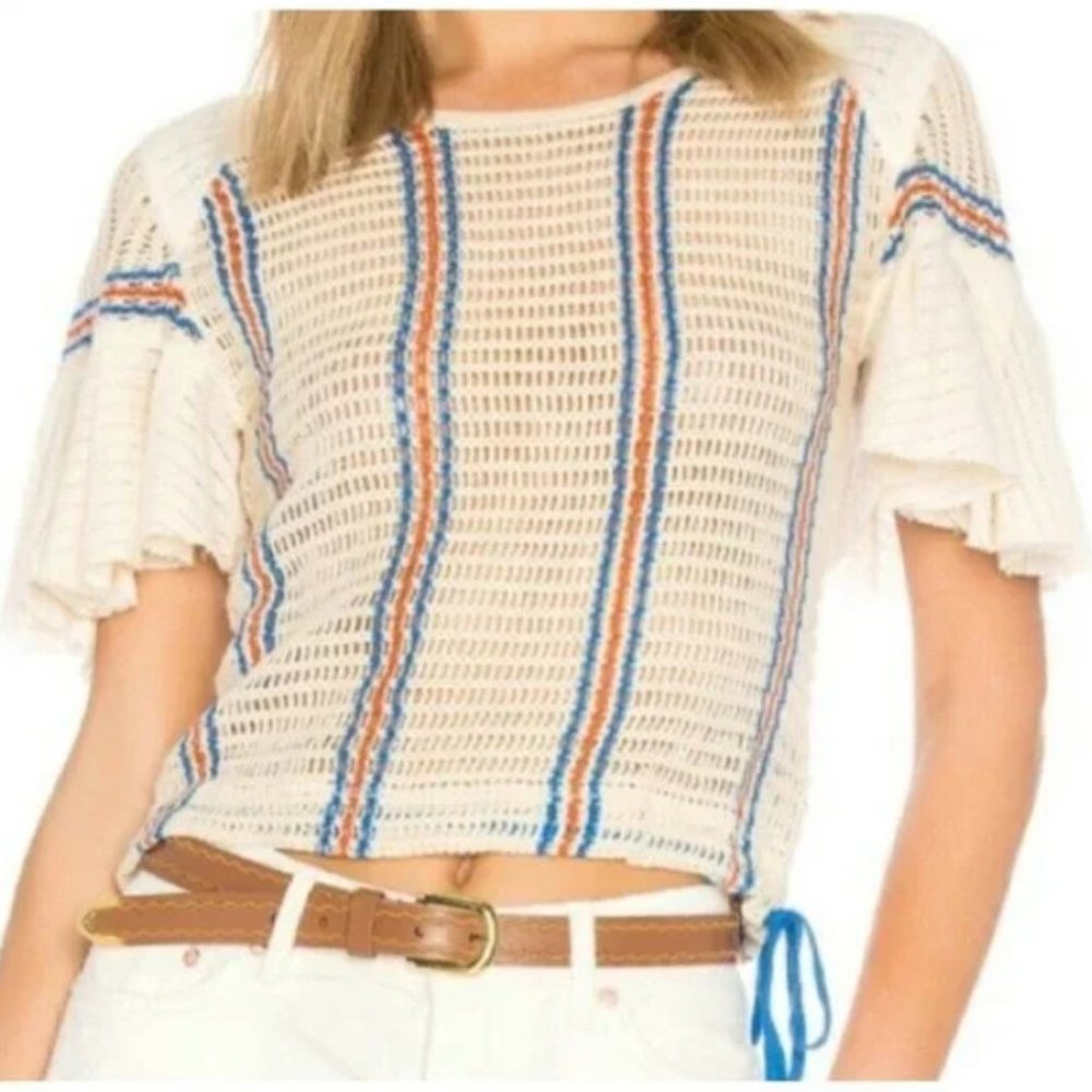 Free People Boho Knitted Crochet Stripe Top Flutter Sleeve Blouse SZ M